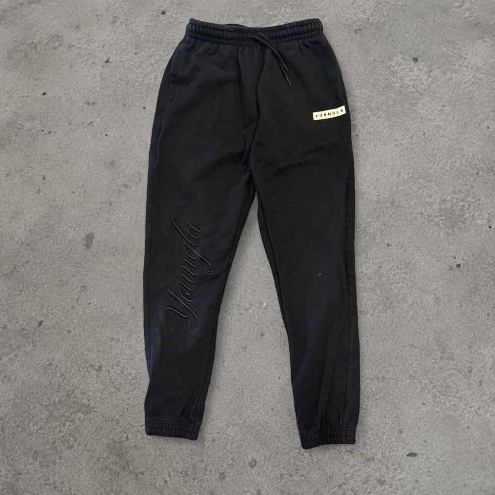 YoungLA Black Cuffed Sweatpants Cursive Spellout Black Men’s Size Medium